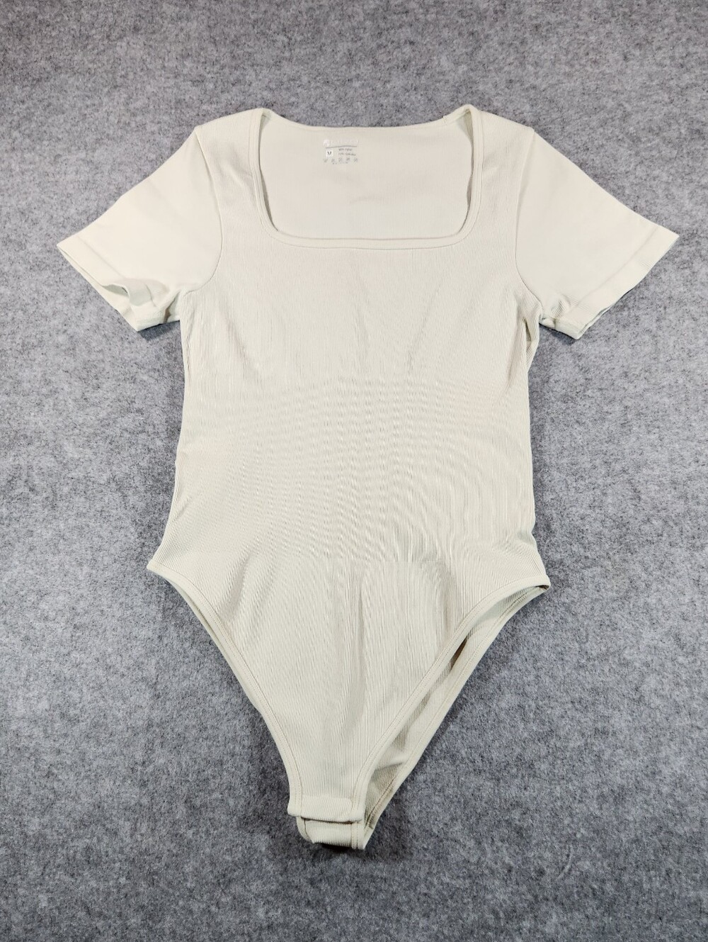 OQQ Square Neck Short Sleeve Bodysuit in Cream — Ribbed Stretch Fit Medium